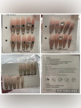 3 Pack! Reusable Nude Ombre Press-On Nails w/ Crystal Accents - Size Small